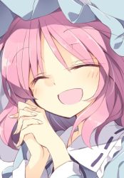 Rule 34 | close-up, closed eyes, hat, open mouth, own hands together, pink hair, portrait, saigyouji yuyuko, satou kibi, smile, solo, touhou
