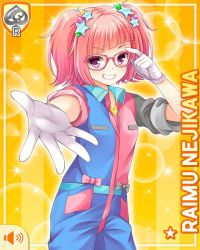 Rule 34 | 1girl, bow, character name, closed mouth, collar, girlfriend (kari), glasses, gloves, holding glasses, jumpsuit, looking at viewer, nejikawa raimu, official art, pink bow, pink hair, pockets, purple eyes, qp:flapper, short hair, smile, tagme, teeth, twintails, yellow background