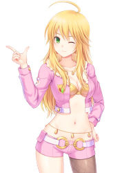 Rule 34 | 1girl, ;), absurdres, ahoge, asymmetrical legwear, bad id, bad pixiv id, belly chain, belt, blonde hair, bra, breasts, cleavage, collarbone, cropped jacket, green eyes, hand on own hip, highres, hoshii miki, idolmaster, idolmaster (classic), jewelry, long hair, long sleeves, looking at viewer, midriff, n.g., navel, necklace, one eye closed, open clothes, open shirt, pantyhose, pendant, pink diamond 765, shirt, short shorts, shorts, single leg pantyhose, smile, solo, stomach, thigh gap, underwear, uneven legwear, very long hair, yellow bra