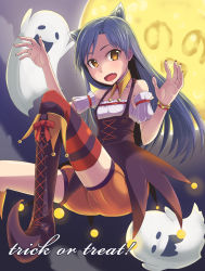 Rule 34 | 10s, 1girl, animal ears, bare shoulders, black hair, boots, dan (orange train), detached sleeves, fang, full moon, ghost, halloween, halloween tricker (idolmaster), idolmaster, idolmaster (classic), idolmaster 2, kisaragi chihaya, long hair, looking at viewer, moon, open mouth, solo, striped clothes, striped thighhighs, thighhighs, trick or treat, yellow eyes