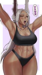 Rule 34 | 1girl, ;o, abs, animal ears, armpits, arms up, artist name, bare shoulders, black panties, black sports bra, boku no hero academia, border, breasts, cleavage, collarbone, curvy, dark-skinned female, dark skin, english text, gud0c, highleg, highleg panties, highres, large breasts, long eyelashes, long hair, mirko, muscular, muscular female, navel, one eye closed, open mouth, panties, parted bangs, pink background, rabbit ears, rabbit girl, red eyes, skindentation, solo, speech bubble, sports bra, stomach, stretching, teeth, thick thighs, thighs, toned, underwear, waking up, white border, white hair, yawning