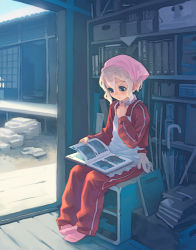 Rule 34 | 1girl, architecture, blonde hair, blue eyes, book, closed umbrella, day, east asian architecture, female focus, full body, gloves, indoors, lowres, open book, original, pink socks, reading, sitting, socks, solo, track suit, umbrella, unworn gloves, weno, weno&#039;s blonde original character