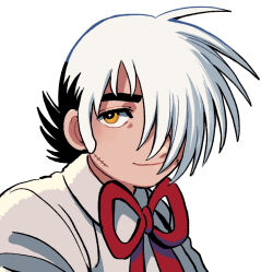 Rule 34 | black hair, black jack (character), black jack (series), closed mouth, collared shirt, hair over one eye, husagin, male focus, multicolored hair, red ribbon, ribbon, shirt, simple background, smile, stitched face, stitches, thick eyebrows, two-tone hair, upper body, white background, white hair, yellow eyes