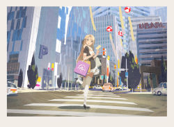 Rule 34 | 1girl, balloon, blonde hair, brown eyes, car, city, crosswalk, high heels, hjl, leg up, long hair, looking at viewer, maid, motor vehicle, official art, open mouth, solo, thighhighs, white thighhighs