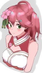 Rule 34 | 1girl, absurdres, ahoge, artist request, bare shoulders, breasts, cleavage, cleavage cutout, clothing cutout, female focus, flower, green eyes, hair ornament, hairclip, highres, hololive, nontraditional miko, pink hair, sakura miko, side ponytail, solo, tagme, virtual youtuber