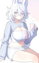 Rule 34 | 1girl, animal ears, bra, breasts, cleavage cutout, closed mouth, clothing cutout, clothing request, cup, dot mouth, hair between eyes, heart, holding, holding cup, jitome, large breasts, long sleeves, looking at viewer, medium hair, messy hair, nehan (gedatsu nehan), open bra, open clothes, original, shorts, sitting, solo, steam, thighs, underwear, white background, white hair, white shorts