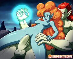 Rule 34 | 1boy, 1girl, black nails, bojack, breasts, colored skin, dragon ball, dragonball z, fingernails, green skin, large penis, medium breasts, nude, orange hair, penis, pointy ears, reit, sex, sex from behind, vaginal, villainess, zangya