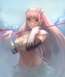 Rule 34 | 1girl, bandeau, blunt bangs, bra, breasts, cleavage, closed mouth, commentary request, fate/grand order, fate (series), frills, gloves, groin, hands up, holding, holding riding crop, layered skirt, long hair, looking at viewer, medb (fate), medium breasts, midriff, miniskirt, navel, otsukemono, pink hair, riding crop, sidelocks, skirt, smile, solo, stomach, tiara, underwear, upper body, very long hair, white bra, white gloves, white skirt, yellow eyes