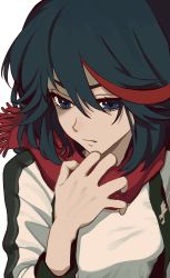 Rule 34 | 1girl, black hair, blue eyes, commentary request, hair between eyes, hand up, highres, jacket, kill la kill, looking down, matoi ryuuko, medium hair, multicolored hair, open clothes, open jacket, red hair, sad, shirt, simple background, solo, streaked hair, two-tone hair, urkt 10, white background, white shirt
