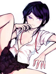 Rule 34 | 1girl, blush, breasts, closed mouth, collarbone, danganronpa: trigger happy havoc, danganronpa (series), freckles, highres, ikusaba mukuro, jacket, leg up, legs, legs apart, looking at viewer, matching hair/eyes, neck ribbon, open clothes, open jacket, purple eyes, purple hair, red ribbon, ribbon, shirt, simple background, skirt, small breasts, solo, thighs, white background, white shirt