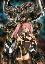 Rule 34 | 1girl, bad id, bad pixiv id, bikini, bikini top only, bow, breast cutout, breasts, cleavage, covered navel, garimpeiro, glowing, glowing eyes, green bow, hair bow, highres, horns, leotard, looking down, mecha, medium breasts, one eye closed, original, pink hair, pointing, pointing up, robot, single horn, swimsuit, thighhighs, twintails, yellow eyes