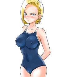 Rule 34 | 1girl, android 18, bad id, bad pixiv id, blonde hair, blue eyes, blue one-piece swimsuit, breasts, covered erect nipples, dragon ball, dragonball z, engawa suguru, frown, large breasts, one-piece swimsuit, school swimsuit, short hair, simple background, solo, swimsuit, white background