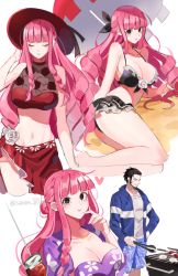 Rule 34 | 1boy, 1girl, artist name, black hair, breasts, cleavage, commentary request, cooking, dracule mihawk, grill, grilling, hat, holding, holding tongs, joman, korean commentary, long hair, navel, one piece, parasol, perona, pink hair, short hair, sketch, tongs, twitter username, umbrella, variations