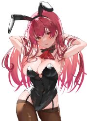 Rule 34 | 1girl, absurdres, animal ears, arms behind head, black garter straps, breasts, brown thighhighs, cleavage, commentary, garter straps, hand in own hair, hands in hair, highres, hololive, houshou marine, large breasts, leotard, long hair, looking at viewer, playboy bunny, rabbit ears, red hair, simple background, solo, takeno omoti, thighhighs, thighs, virtual youtuber, white background