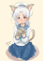 Rule 34 | 1girl, animal ears, animal hands, artist name, beige background, blue neckerchief, blue ribbon, blue sailor collar, blue skirt, brown eyes, cat ears, cat tail, dated, fyuo, glasses, gloves, grey hair, hat, highres, hirato (kancolle), kantai collection, kneeling, long sleeves, looking at viewer, neckerchief, paw gloves, paw pose, pleated skirt, ribbon, sailor collar, sailor hat, school uniform, serafuku, short hair, skirt, solo, tail, wavy hair, white gloves