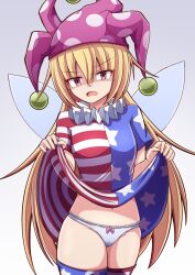 Rule 34 | 1girl, american flag, american flag dress, american flag legwear, american flag print, aospanking, blonde hair, bow, bow panties, clothes lift, clownpiece, commentary request, cowboy shot, disgust, dress, dress lift, fairy wings, flag print, frown, grey background, hair between eyes, hat, jester cap, lifting own clothes, long hair, looking at viewer, navel peek, neck ruff, open mouth, panties, partially shaded face, polka dot, polka dot headwear, red eyes, short sleeves, simple background, solo, standing, star (symbol), star print, striped clothes, striped dress, thighhighs, touhou, underwear, v-shaped eyebrows, very long hair, white panties, wings