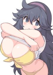 Rule 34 | 1girl, @ @, alternate breast size, bikini, bikini under clothes, black eyes, black hair, blush, breasts, cleavage, clothes lift, commentary request, creatures (company), front-tie bikini top, front-tie top, game freak, hairband, hex maniac (pokemon), highres, huge breasts, lifted by self, long hair, looking at viewer, nintendo, parted lips, perapera, pokemon, pokemon xy, shirt lift, simple background, solo, swimsuit, swimsuit under clothes, white background, yellow bikini