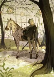 Rule 34 | 1girl, absurdres, animal, animal ears, ankle boots, arknights, bare tree, black dress, black footwear, boots, closed mouth, dress, greenhouse, grey hair, grey pantyhose, heavyrain (arknights), heavyrain (tranquil moss) (arknights), highres, holding, holding shield, horse ears, horse girl, horse tail, indoors, long hair, long sleeves, natsuba002, official alternate costume, pantyhose, purple eyes, shield, solo, tail, tree, zebra