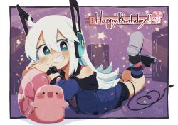 Rule 34 | 1girl, animal, bare shoulders, black footwear, blue eyes, blue jacket, blue nails, blush, borrowed character, brown shirt, cable, cable tail, collared shirt, commentary, confetti, dated, digitan (porforever), electric plug, english commentary, fuyumiso, grin, hair between eyes, happy birthday, hood, hood down, hooded jacket, jacket, long hair, looking at viewer, lying, mechanical tail, nail polish, off shoulder, on stomach, open clothes, open jacket, original, shirt, shoe soles, shoes, sleeveless, sleeveless shirt, smile, snail, socks, solo, speaker, star-shaped pupils, star (symbol), striped clothes, striped socks, symbol-shaped pupils, tail, thick eyebrows, very long hair, watch, wristwatch