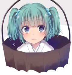 Rule 34 | 1girl, asa (coco), blue eyes, blush, bucket, closed mouth, green hair, hair bobbles, hair ornament, in bucket, in container, japanese clothes, kimono, kisume, looking at viewer, smile, solo, touhou, twintails, upper body