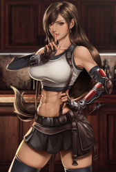 Rule 34 | 1girl, abs, bad anatomy, bar (place), black thighhighs, breasts, brown hair, final fantasy, final fantasy vii, final fantasy vii remake, fingerless gloves, gloves, hand on own hip, highres, indoors, large breasts, lips, long hair, muscular, muscular female, red eyes, seventh heaven, skirt, solo, sports bra, square enix, suspender skirt, suspenders, tagme, tavern, thighhighs, tifa lockhart, very long hair