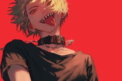 Rule 34 | 1boy, belt collar, black shirt, blonde hair, chain, chain leash, chainsaw man, collar, denji (chainsaw man), geboku0406, leash, looking at viewer, male focus, open mouth, red background, red eyes, sharp teeth, shirt, short hair, short sleeves, simple background, smile, solo, teeth, tongue, tongue out, upper body