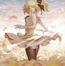 Rule 34 | 1girl, absurdres, artoria pendragon (all), artoria pendragon (fate), bare shoulders, black pantyhose, blonde hair, breasts, dress, fate/stay night, fate/unlimited codes, fate (series), field, flower, flower field, from behind, gloves, green eyes, hair ribbon, highres, holding, holding sword, holding weapon, long hair, looking at viewer, looking back, medium breasts, pantyhose, ribbon, saber lily, solo, sword, tollrin-senpai, weapon, white dress, white gloves