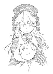 Rule 34 | 1boy, 1girl, age difference, bad id, bad twitter id, chinese clothes, eyebrows, greyscale, hat, headpat, junko (touhou), long hair, monochrome, pom pom (clothes), ribbon, saryuu (iriomote), short hair, sketch, smile, tabard, touhou, upper body, wide sleeves