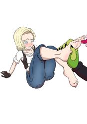 Rule 34 | 1girl, android 18, barefoot, black gloves, blonde hair, blue eyes, blush, cell (dragon ball), clenched teeth, denim, dragon ball, foot focus, foot worship, gloves, highres, holding another&#039;s foot, jeans, jewelry, licking foot, nashdnash2007, necklace, pants, pearl necklace, shirt, teeth, toenails, white shirt