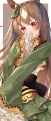 Rule 34 | 1girl, absurdres, animal ears, blush, braid, brown background, brown eyes, brown hair, commentary request, covered mouth, green jacket, green skirt, hair between eyes, half updo, highres, horse ears, jacket, layered skirt, long hair, long sleeves, looking at viewer, pleated skirt, satono diamond (umamusume), shirt, skirt, sleeves past fingers, sleeves past wrists, solo, suisen-21, two-tone background, umamusume, very long hair, white background, white shirt, wide sleeves