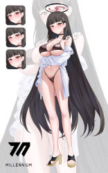 Rule 34 | 1girl, absurdres, bare legs, bare shoulders, bikini, black bikini, black hair, blue archive, blush, breasts, cleavage, closed mouth, hair ornament, hairpin, halo, highres, large breasts, long hair, millennium science school logo, multiple views, nacho (nacho 1103), navel, red eyes, rio (blue archive), sandals, shirt, swimsuit, white shirt, zoom layer