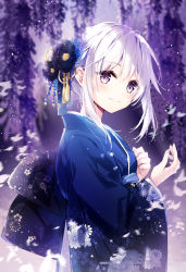 Rule 34 | 1girl, black flower, blue flower, blue kimono, blurry, blurry background, blurry foreground, blush, closed mouth, commentary request, depth of field, floral print, flower, hair between eyes, hair flower, hair ornament, highres, japanese clothes, kimono, long sleeves, looking at viewer, looking to the side, mochizuki shiina, obi, original, print kimono, purple eyes, purple flower, sash, sidelocks, smile, solo, white flower, white hair, wide sleeves