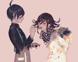 Rule 34 | 2boys, ahoge, arm belt, ball, beachball, belt, black hair, black jacket, black scarf, blue flower, bouquet, box, box of chocolates, buttons, chain, checkered clothes, checkered scarf, chocolate, collared jacket, commentary, cowboy shot, danganronpa (series), danganronpa v3: killing harmony, double-breasted, english commentary, eyelashes, feeding, fingernails, flower, food, from side, hair between eyes, high collar, holding, holding ball, holding beachball, holding bouquet, holding box, holding chocolate, holding food, jacket, layered sleeves, lemontea, long sleeves, male focus, multicolored buttons, multiple boys, oma kokichi, open mouth, pink background, pinstripe jacket, pinstripe pattern, pocket, purple eyes, purple hair, saihara shuichi, scarf, short hair, signature, simple background, smile, sparkle, teeth, tulip, two-tone scarf, upper teeth only, valentine, white belt, white flower, white jacket, white scarf, yaoi, yellow eyes, yellow flower