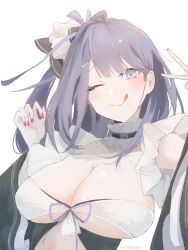 Rule 34 | 1girl, ;p, artist name, azur lane, black ribbon, black sleeves, blue eyes, breasts, cleavage, detached sleeves, frilled sleeves, frills, hair ornament, hair ribbon, hairclip, hands up, hatte (bsrmkr), highres, large breasts, liverpool (azur lane), looking at viewer, maid, nail polish, one eye closed, one side up, pink nails, purple hair, ribbon, signature, simple background, sketch, solo, swept bangs, tongue, tongue out, upper body, v, white background, white ribbon, wide sleeves