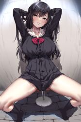 Rule 34 | 1girl, arms behind head, belt, black belt, black eyes, black hair, black shirt, black skirt, black socks, blush, bow, bowtie, breasts, clenched teeth, hair between eyes, highres, jack dempa, large breasts, long hair, long sleeves, looking at viewer, miyamae shiho (jack dempa), mole, mole on thigh, mole under eye, original, red bow, red bowtie, sailor collar, shirt, sitting, skirt, socks, solo, teeth, white sailor collar