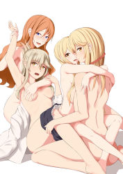 Rule 34 | 4girls, ass, asymmetrical docking, bad id, bad pixiv id, blonde hair, blue eyes, blush, breast press, breasts, brown eyes, character request, convenient censoring, covering privates, covering breasts, fedsnk, groin, highres, holding another&#039;s wrist, large breasts, long hair, looking at viewer, medium breasts, multiple girls, nude, partially undressed, red hair, short hair, small breasts, smile, undressing, warship girls r, white background, yuri