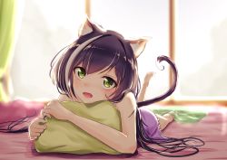 Rule 34 | 1girl, animal ear fluff, animal ears, artist name, bare arms, blurry, blurry background, camisole, cat ears, cat girl, cat tail, commentary, dated, fang, feet, fluno, frilled camisole, frills, green eyes, highres, karyl (princess connect!), long hair, looking at viewer, lying, multicolored hair, on stomach, open mouth, princess connect!, purple camisole, purple hair, smile, soles, solo, streaked hair, tail, white hair