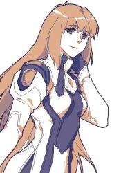Rule 34 | 1girl, breasts, closed mouth, elhaym van houten, gloves, long hair, looking at viewer, mikisato, muted color, orange hair, pantyhose, simple background, smile, solo, uniform, very long hair, white background, xenogears