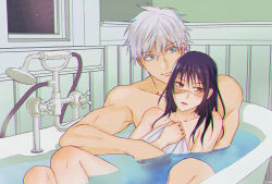 Rule 34 | 1boy, 1girl, ashio, bathing, bathtub, blue eyes, blush, brown eyes, closed mouth, couple, covering privates, gojou satoru, hair between eyes, hetero, highres, holding, holding towel, indoors, iori utahime, jujutsu kaisen, long hair, looking at another, looking away, mixed-sex bathing, nude cover, open mouth, partially submerged, scar, scar on face, shared bathing, short hair, sweatdrop, topless male, towel, upper body, water, white hair