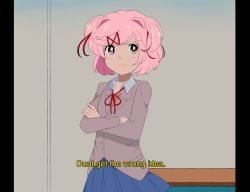 Rule 34 | 1980s (style), 1girl, :t, blazer, blue skirt, blush, breasts, bright pupils, chocomiru, closed mouth, collared shirt, commentary, crossed arms, doki doki literature club, english commentary, english text, fake screenshot, film grain, grey jacket, hair intakes, hair ornament, hair ribbon, indoors, jacket, light blush, making-of available, miniskirt, natsuki (doki doki literature club), neck ribbon, oldschool, orange sweater vest, parody, pillarboxed, pink eyes, pink hair, pleated skirt, pout, red ribbon, retro artstyle, ribbon, school uniform, shirt, short hair, skirt, small breasts, solo, style parody, subtitled, sweater vest, two side up, v-neck, v-shaped eyebrows, vhs artifacts, white pupils, wing collar, x hair ornament