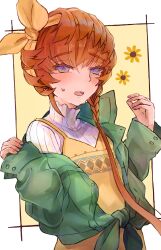 Rule 34 | 1girl, absurdres, blue eyes, braid, brown hair, crown braid, dress, fangs, fate/grand order, fate (series), floral print, green jacket, hairband, highres, jacket, long sleeves, looking at viewer, open clothes, open jacket, open mouth, shimogamo (shimomo 12), side braid, solo, sunflower print, sweatdrop, tied jacket, tongue, upper body, van gogh (city where dreams are born) (fate), van gogh (fate), yellow dress, yellow hairband