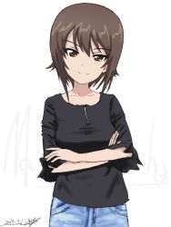 Rule 34 | 10s, 1girl, artist name, black shirt, blue pants, brown eyes, brown hair, bukkuri, casual, character name, closed mouth, commentary, dated, denim, girls und panzer, head tilt, jeans, long sleeves, looking at viewer, nishizumi maho, one-hour drawing challenge, pants, shirt, short hair, signature, simple background, smile, solo, standing, upper body, white background