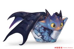 Rule 34 | against glass, bowl, chibi, curled up, dragon, fins, glass bowl, head fins, highres, in bowl, in container, monster hunter (series), namielle, no humans, pawpads, photo-referenced, reflection, striped, twitter username, white background, wings, xezeno, yellow eyes