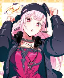 Rule 34 | 1girl, :o, absurdres, backwards hat, baseball cap, black hat, black jacket, blunt bangs, blush, hat, headphones, headphones around neck, highres, hololive, hololive english, iris (tb33064667), jacket, long hair, looking at viewer, mori calliope, mori calliope (new underworld order), official alternate costume, open mouth, pink hair, red eyes, red shirt, shirt, solo, straight hair, virtual youtuber, winged hat