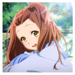 Rule 34 | 1girl, :d, blue sailor collar, blue skirt, blurry, blurry background, border, brown hair, character name, collared shirt, hair ornament, hibike! euphonium, highres, hugging own legs, kenzaki ririka, kitauji high school uniform, long hair, looking at viewer, one side up, open mouth, outdoors, sailor collar, sailor shirt, school uniform, shirt, sitting, skirt, smile, solo, star (symbol), star hair ornament, white border, white shirt, yellow eyes