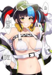 Rule 34 | 1girl, bare shoulders, bikini, black hair, black shorts, blue hair, blush, breasts, buckle, cleavage, fate/grand order, fate (series), green headwear, grin, headphones, headphones around neck, highres, jacket, large breasts, long hair, looking at viewer, multicolored hair, navel, off shoulder, open clothes, open jacket, pononozo, red hair, revision, sei shounagon (fate), sei shounagon (swimsuit berserker) (fate), shorts, sidelocks, smile, speech bubble, swimsuit, translated, twintails, visor cap, white bikini, white jacket, yellow eyes