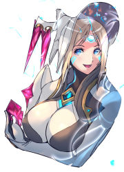 Rule 34 | 1girl, agate (xenoblade), blue eyes, breasts, chest jewel, gem, hat, large breasts, negresco, open mouth, simple background, smile, solo, white background, xenoblade chronicles (series), xenoblade chronicles 2
