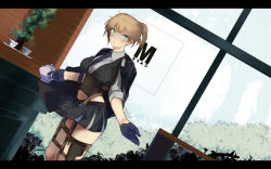 Rule 34 | 1girl, black gloves, blonde hair, blue gloves, blush, braid, breasts, collared shirt, commentary request, corset, day, desk, dutch angle, girls&#039; frontline, gloves, green eyes, grey shirt, highres, holding, holding teapot, holster, indoors, jacket, jacket on shoulders, kojima (blue stardust), letterboxed, looking at viewer, medium breasts, necktie, open mouth, pinstripe pattern, pinstripe vest, revision, saucer, shirt, short hair, sidelocks, skindentation, skirt, sleeves rolled up, smile, solo, striped clothes, striped vest, teapot, thigh holster, twintails, vest, weapon, welrod mkii (girls&#039; frontline), window