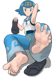 Rule 34 | 1girl, absurdres, armpits, barefoot, blue eyes, blue hair, creatures (company), feet, foot focus, game freak, highres, lana (pokemon), looking at viewer, medium hair, nintendo, pokemon, pokemon sm, sandals, simple background, smile, soles, solo, toes, unworn sandals, white background, yamamoto