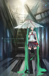 Rule 34 | 1girl, absurdly long hair, absurdres, bird, english text, engrish text, closed eyes, full body, green hair, hatsune miku, highres, jk-xuan, light rays, long hair, ranguage, skirt, solo, stairs, sunbeam, sunlight, tears, thighhighs, torn clothes, twintails, umbrella, very long hair, vocaloid